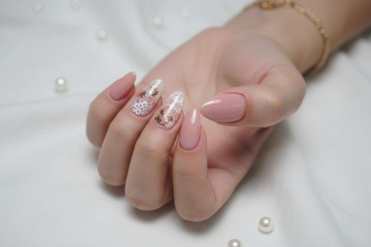 Uñas de gel semicuradas en mano de mujer